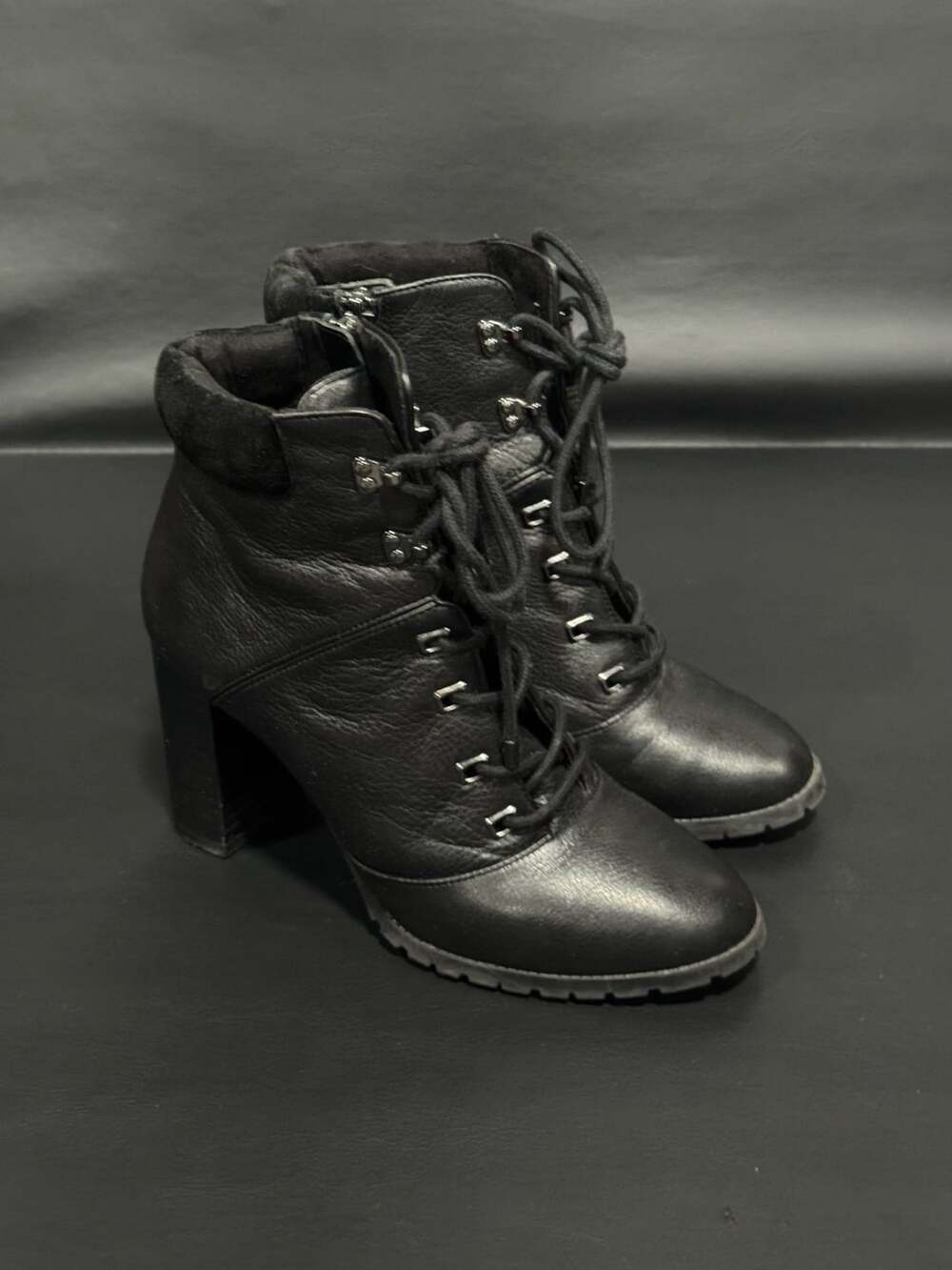 Antonio Melani Black Leather Block Heel Lace-Up Ankle Boots 6.5